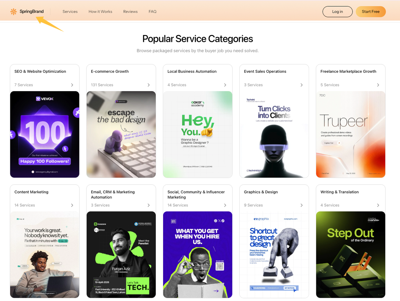 SpringBrand website showing popular service categories like content marketing, useful for scaling video content repurposing