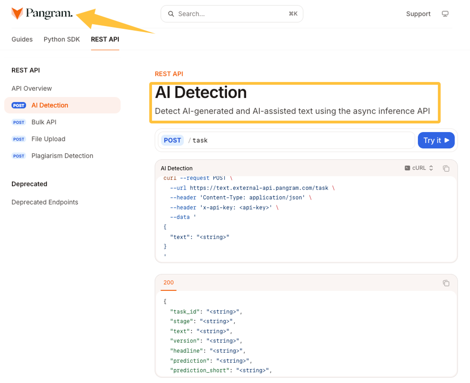 Developer documentation for the Pangram AI Detector REST API, showing code snippets for asynchronous text inference.