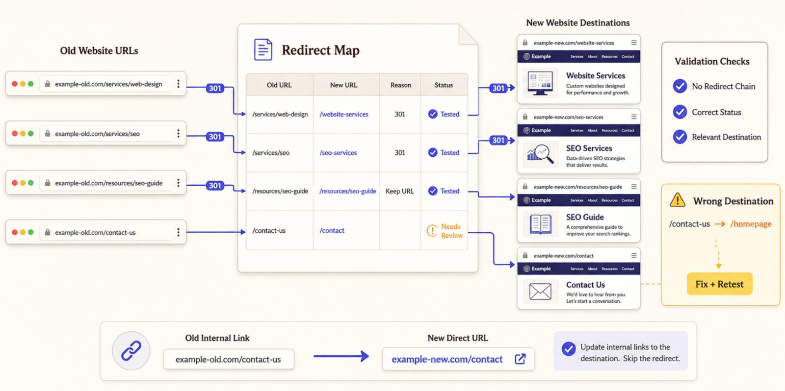 Comprehensive 301 redirect map for an SEO website redesign, listing old and new URLs with validation checks.