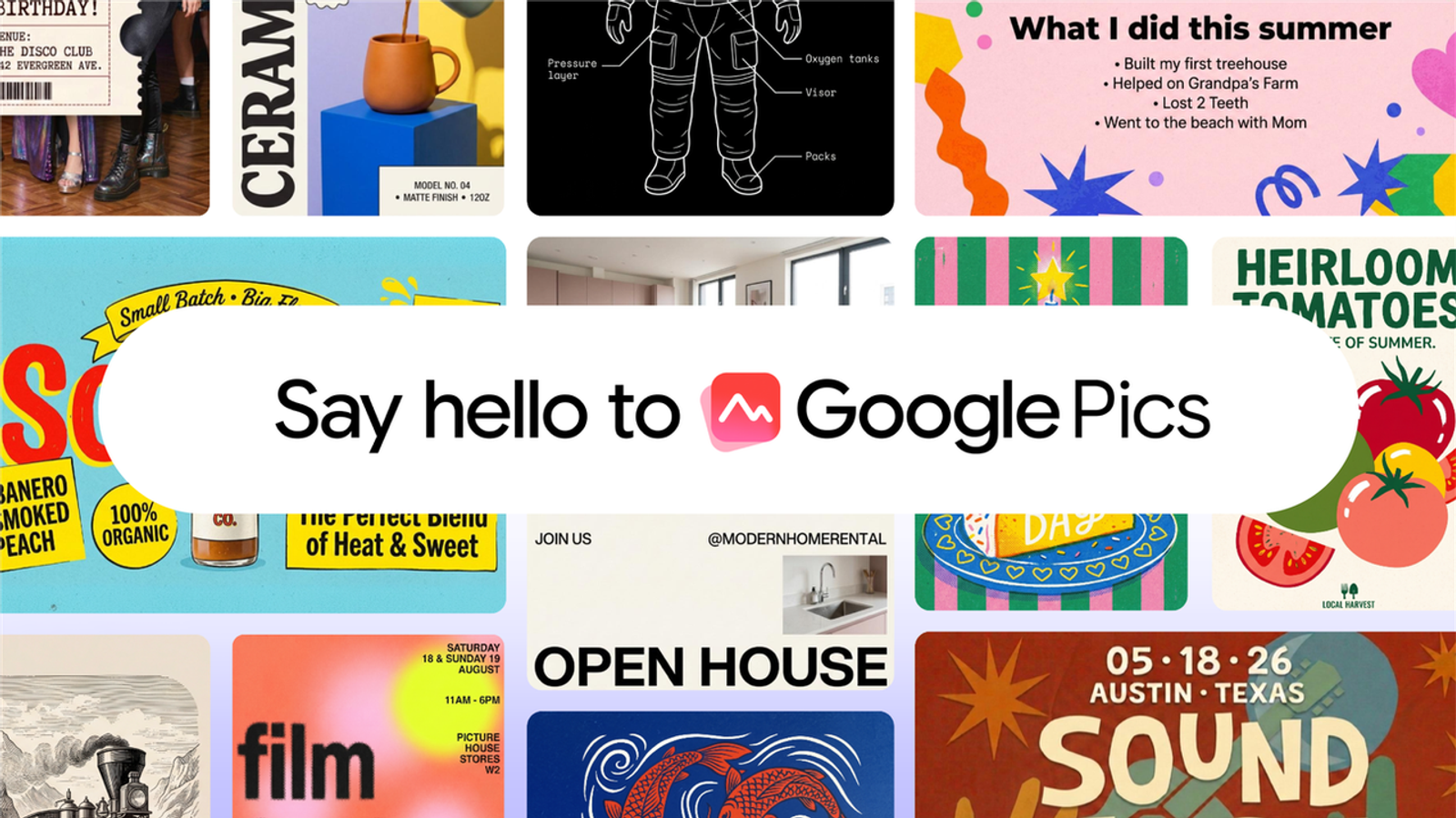 Promotional grid presenting creative marketing design templates from Google Pics small business.