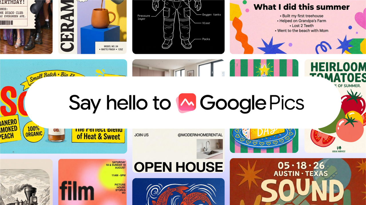 Promotional grid presenting creative marketing design templates from Google Pics small business.