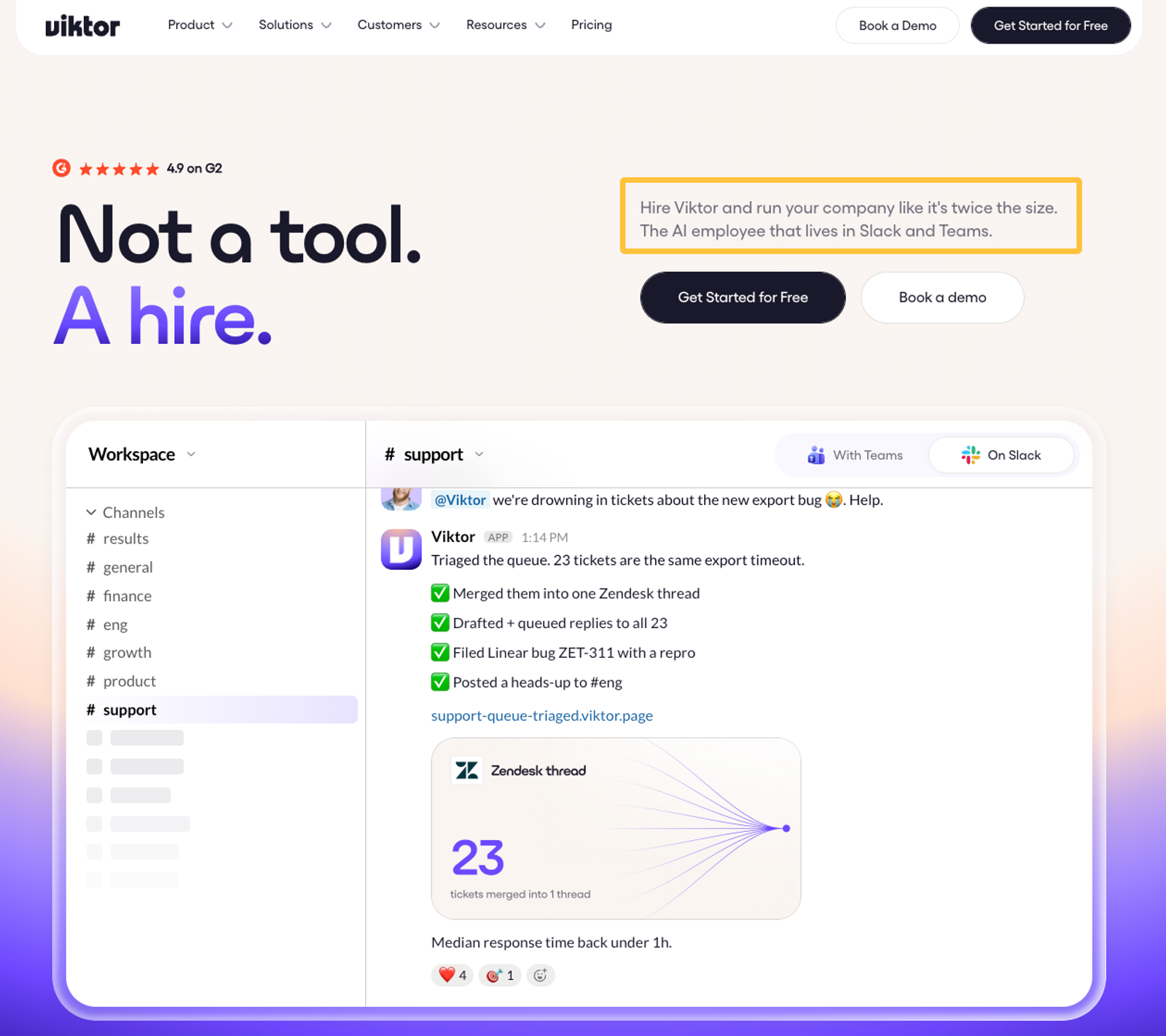 Viktor small business AI assistant dashboard demonstrating automated Zendesk support ticket triaging and merging.
