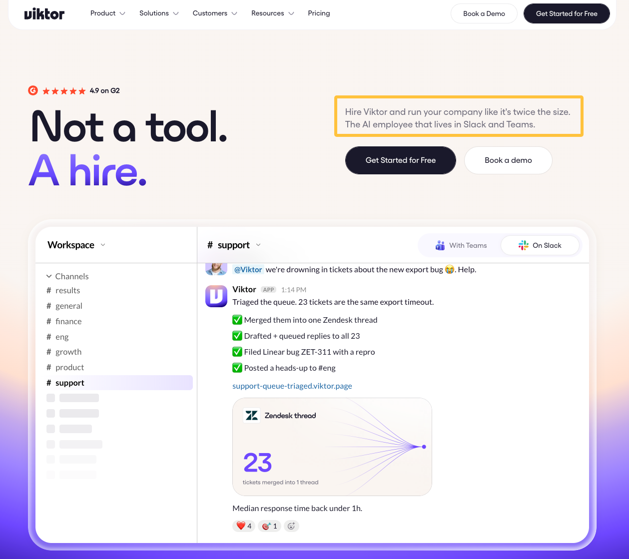 Viktor small business AI assistant dashboard demonstrating automated Zendesk support ticket triaging and merging.