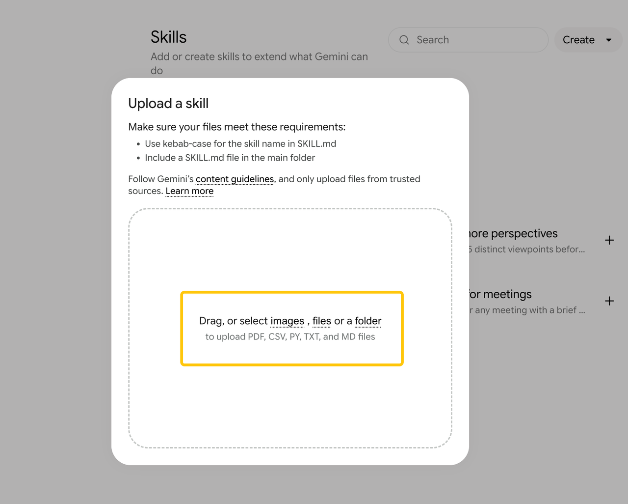 The upload a skill dialog box allows users to add custom files to improve their gemini skills marketing campaigns.