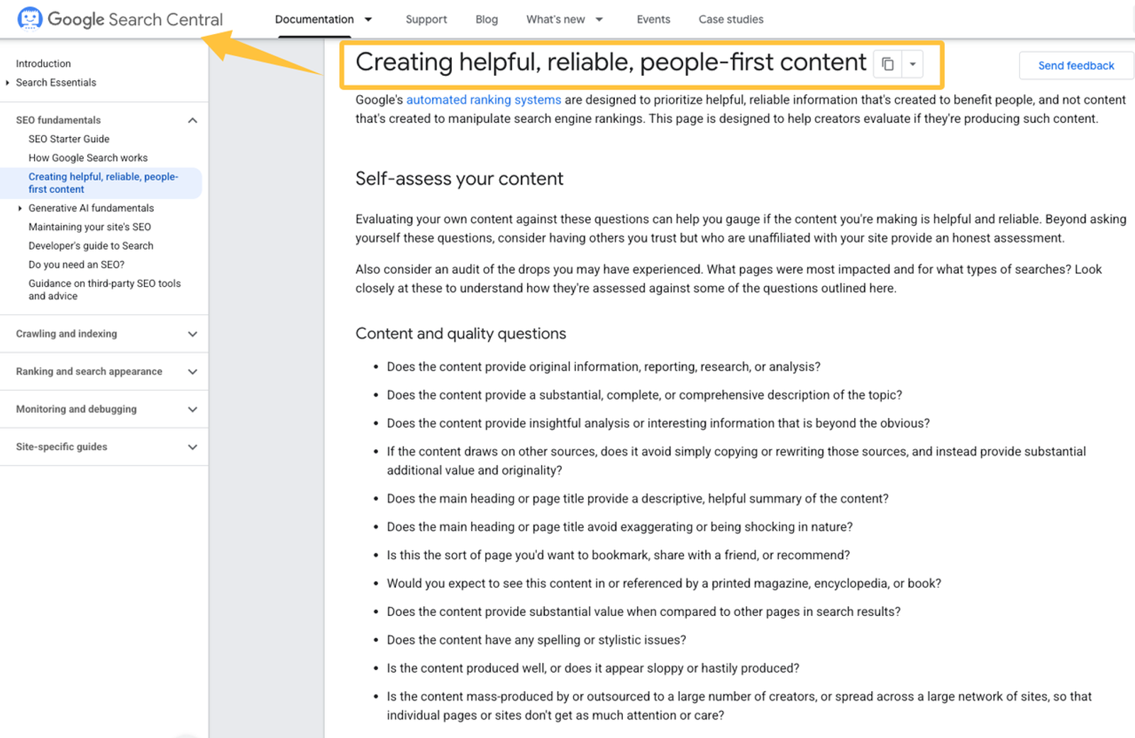 Google Search Central content guide highlighting people-first content for a manufacturing marketing strategy.