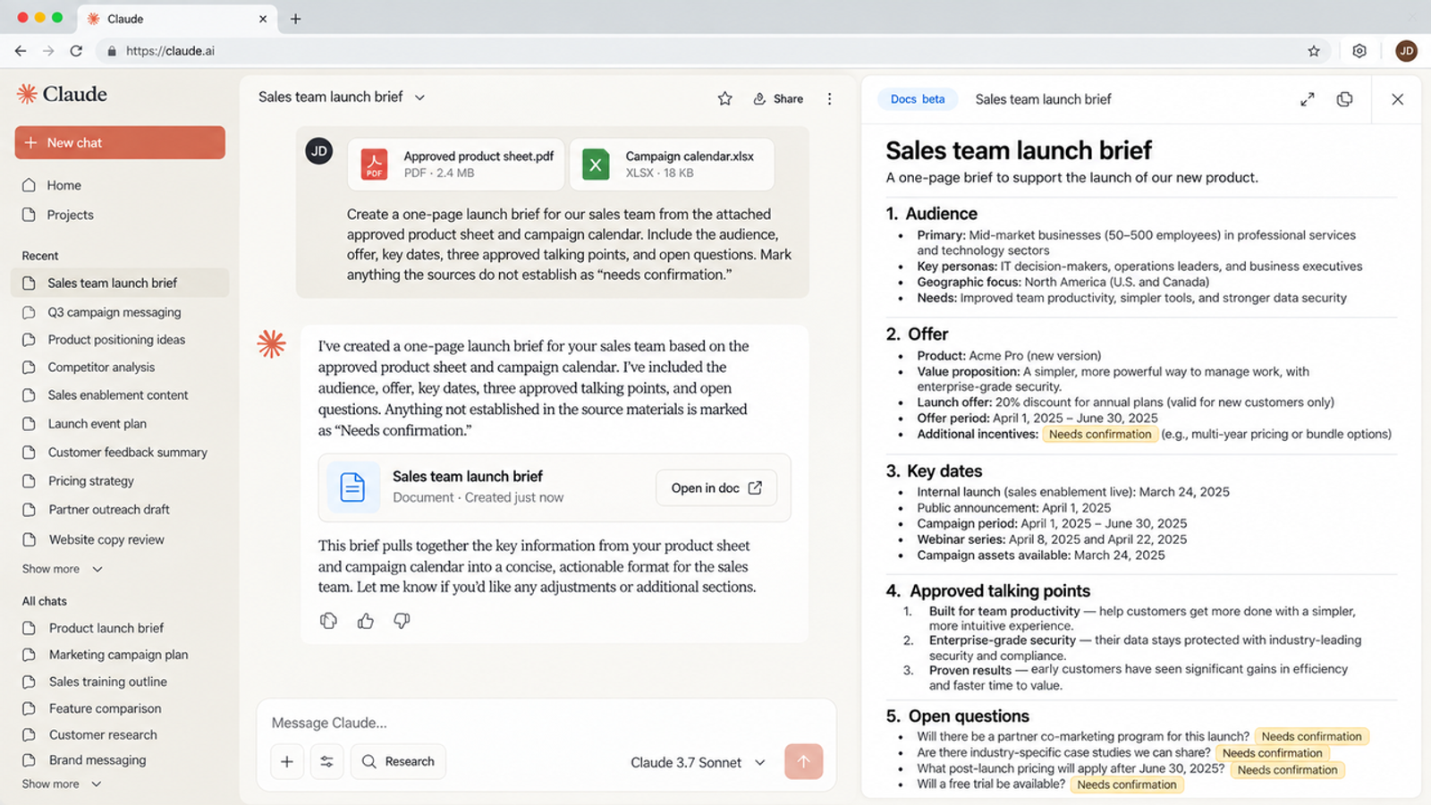 See how artificial intelligence seamlessly generates a sales team launch brief using claude docs.