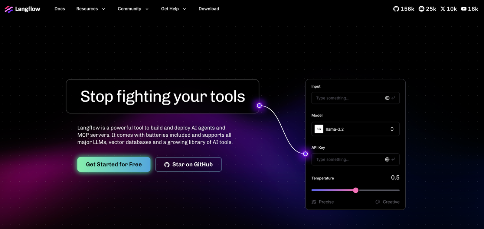 Langflow landing page highlighting open-source features of Dify alternatives.
