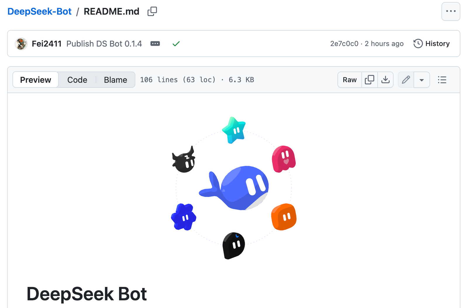 DeepSeek Bot official GitHub repository banner featuring a blue whale logo surrounded by colorful AI assistant icons.