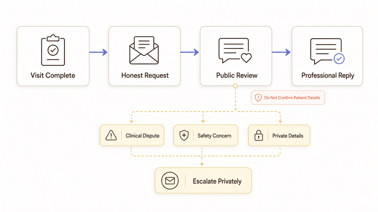 Flowchart detailing the patient review lifecycle and private escalation path for sensitive dental issues in local SEO.