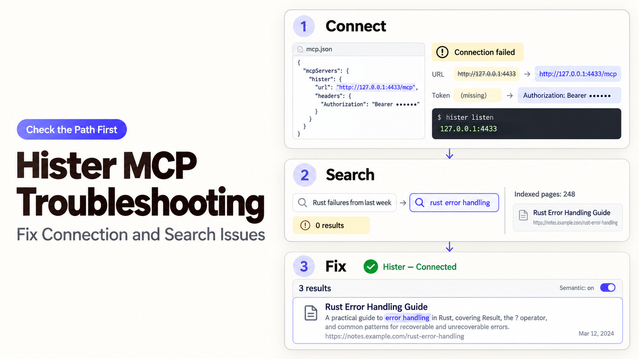 Master hister mcp troubleshooting by fixing connection failures, missing tokens, and semantic search issues step by step.