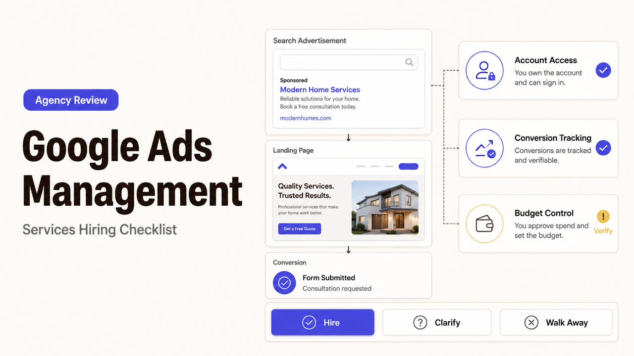 A detailed hiring checklist for google ads management services showing account access, tracking, and budget control.