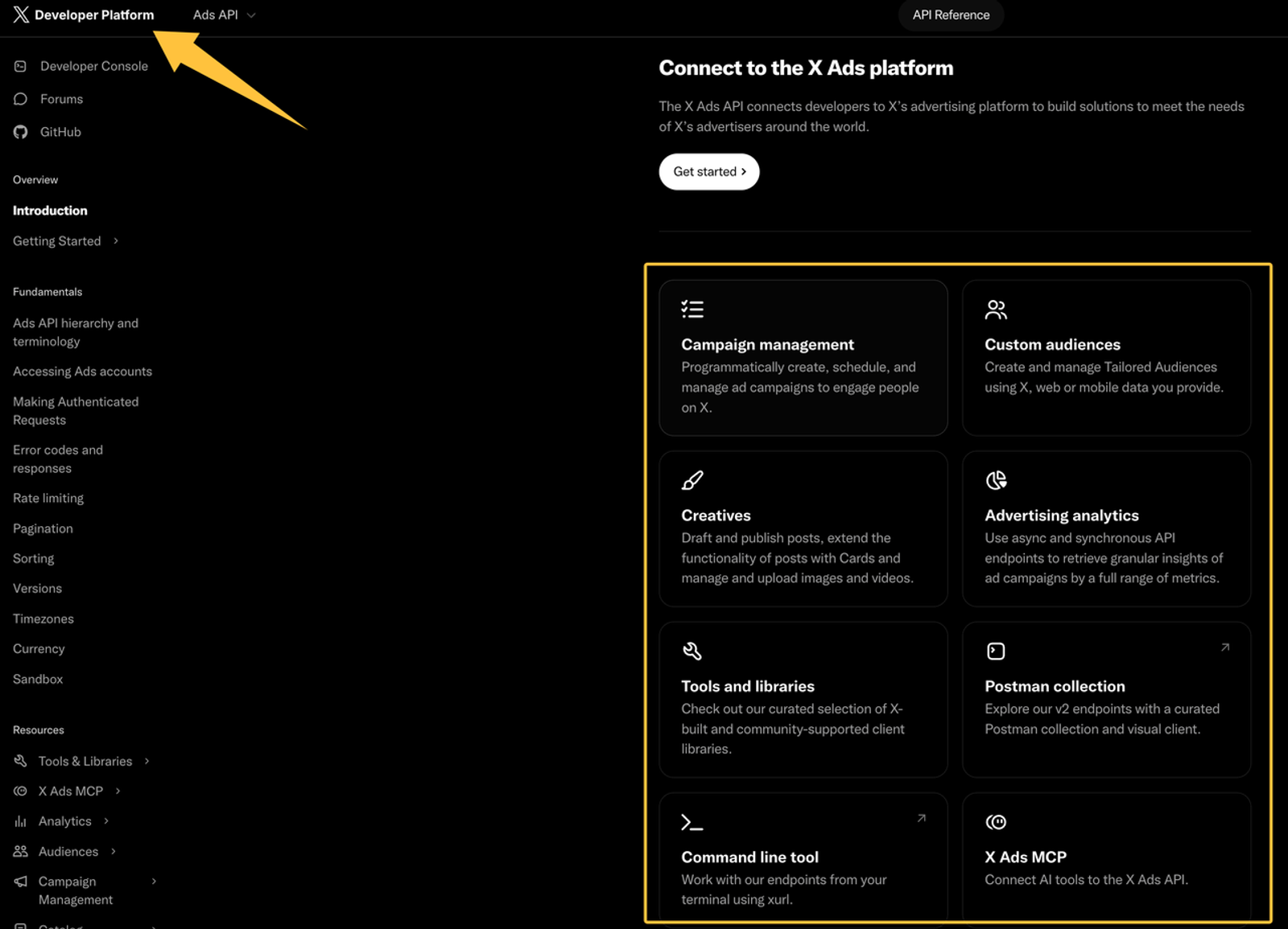 X Developer Platform page highlighting the X Ads API and its features, including X Ads MCP and Campaign Management.