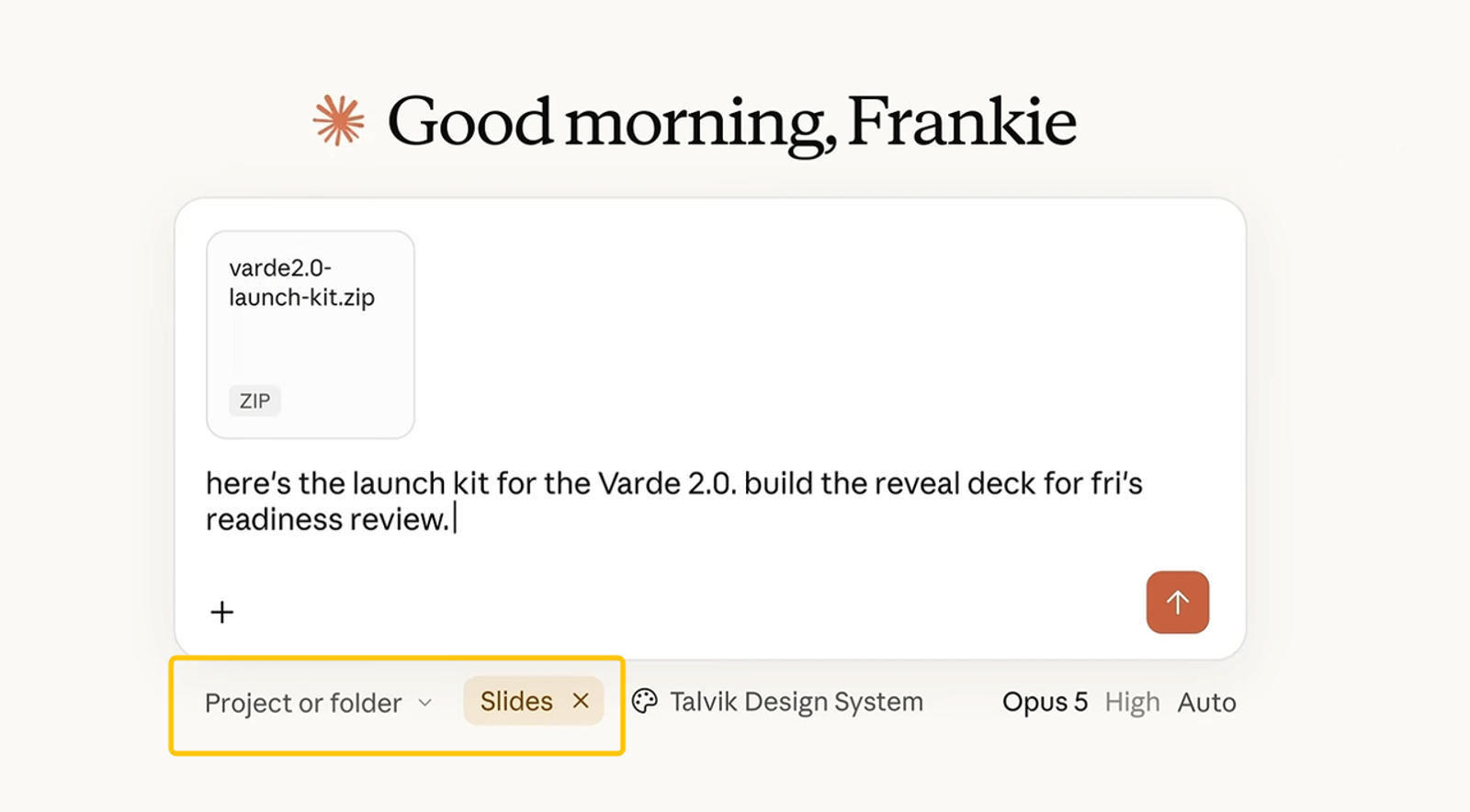 A Claude Slides  step showing how to upload a ZIP launch kit and start building reveal decks.