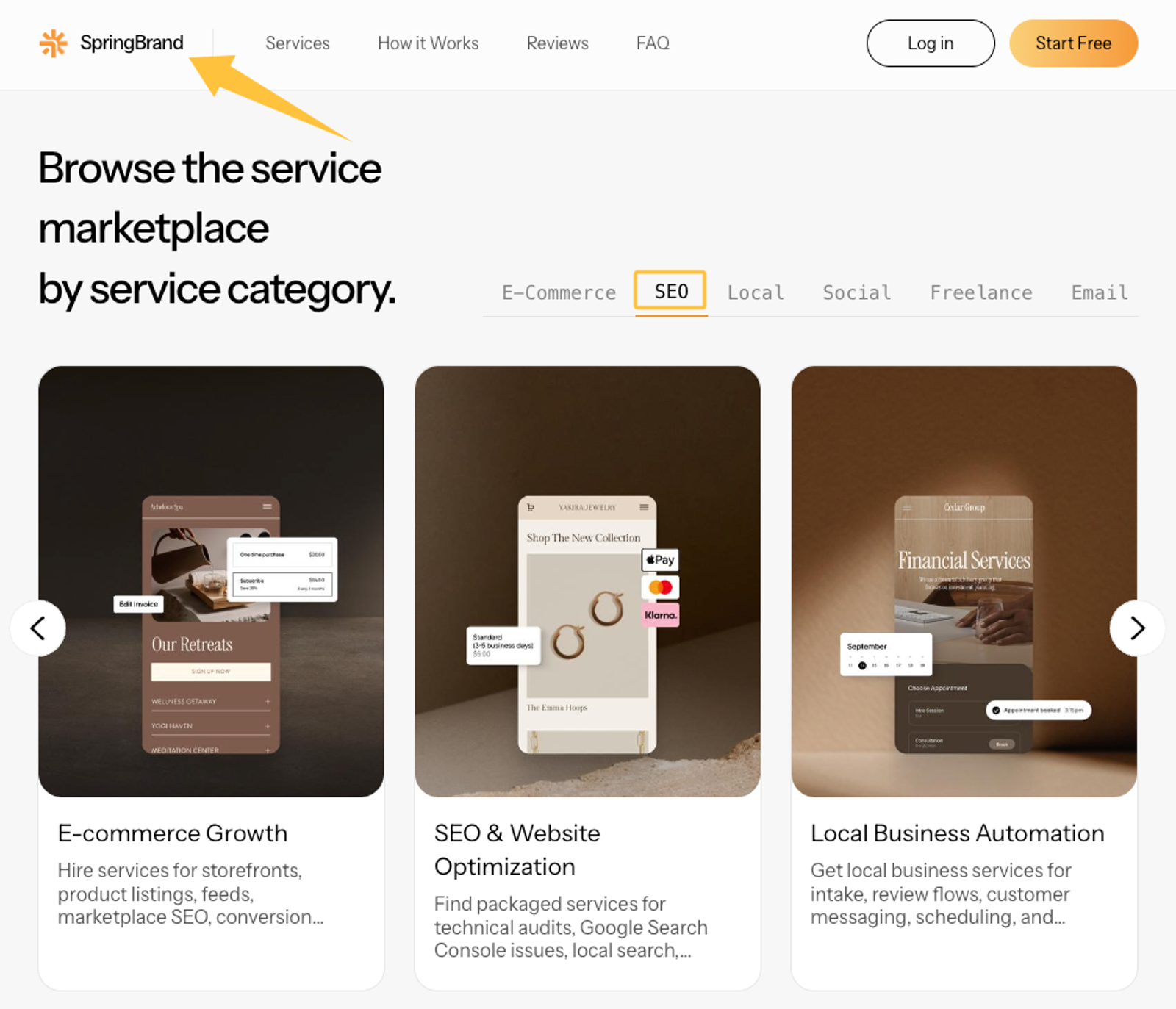 A webpage showcasing different digital marketing options including a dedicated technical seo audit service.
