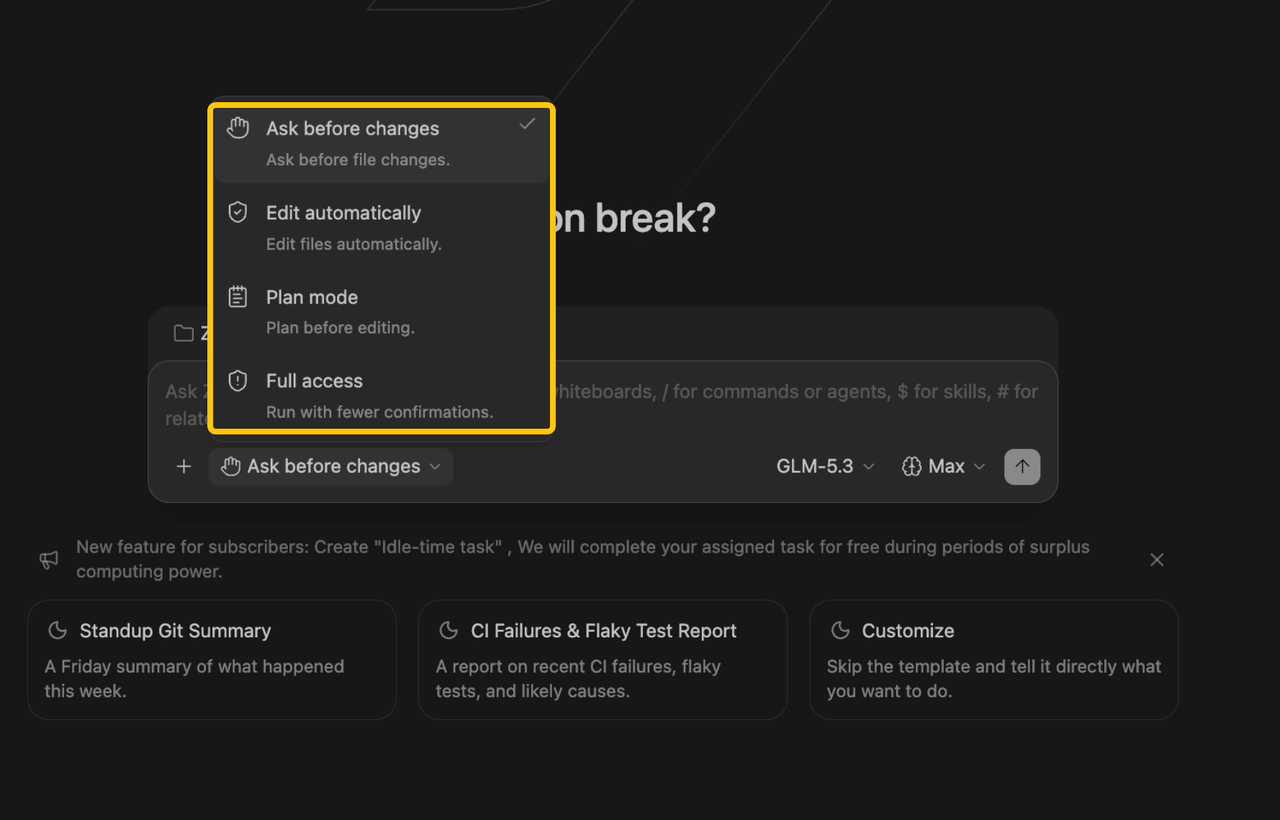 Adjust agent execution settings like ask before changes or plan mode during your zcode plugin development process.