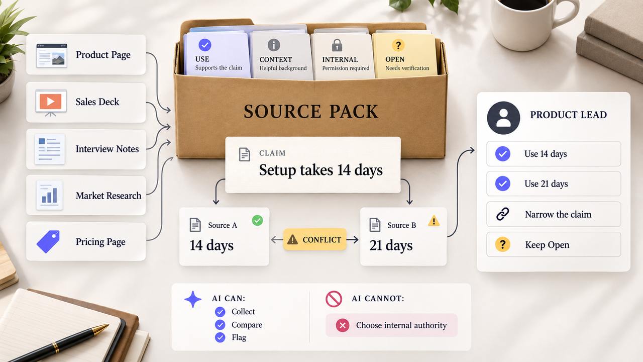 Organizing a source pack within a content creation workflow to verify claims, resolve conflicts, and track information.
