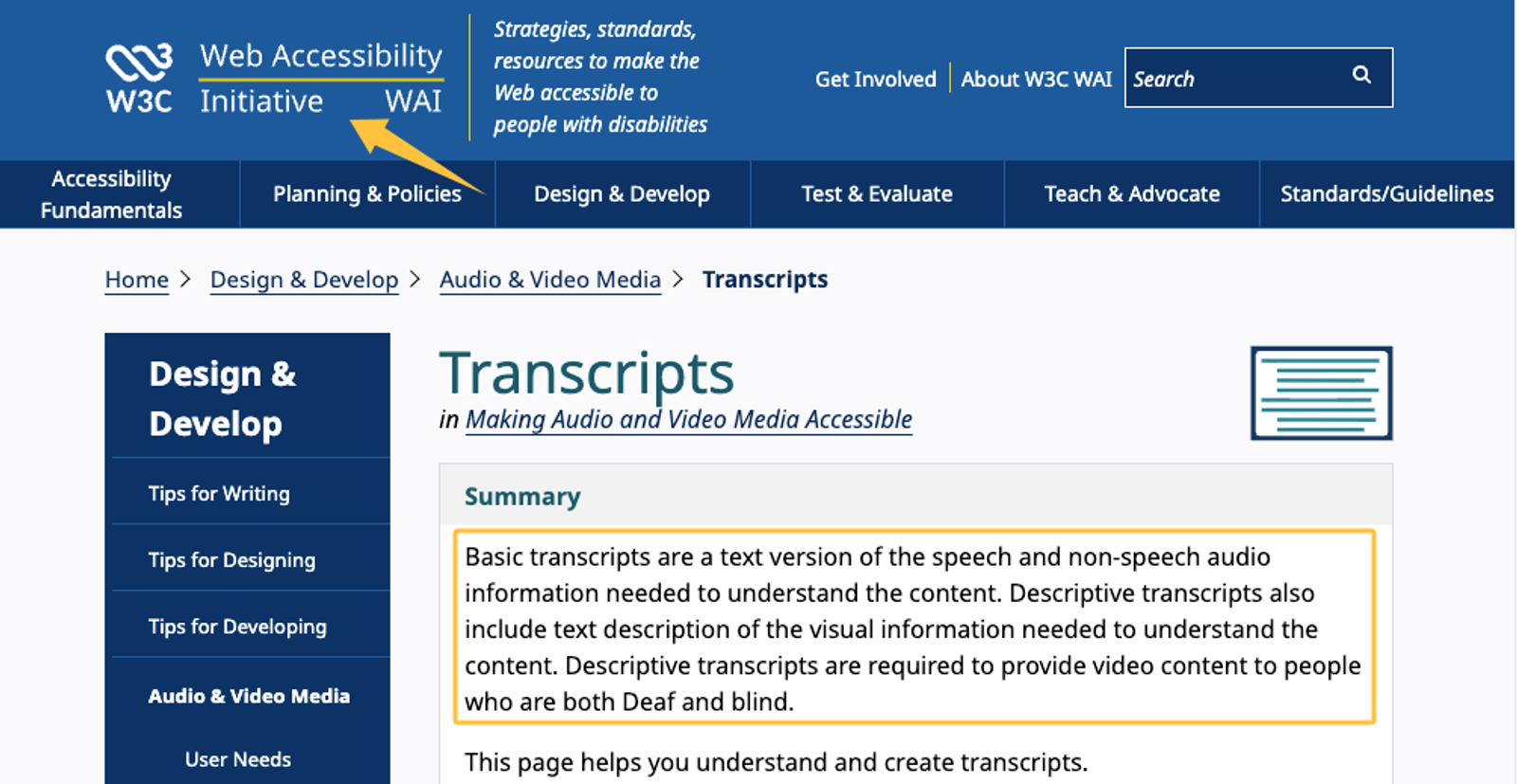 Screenshot of W3C WAI 'Transcripts' webpage, providing guidelines on creating an accessible Instagram transcript for business.