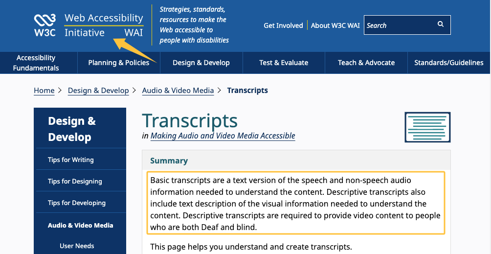 Screenshot of W3C WAI 'Transcripts' webpage, providing guidelines on creating an accessible Instagram transcript for business.