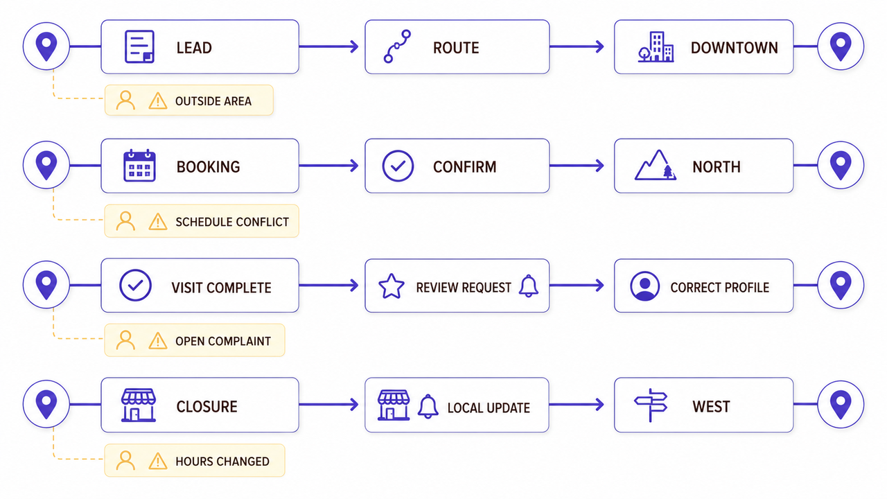Flowchart of local marketing automation processes handling lead routing, booking conflicts, and location updates.