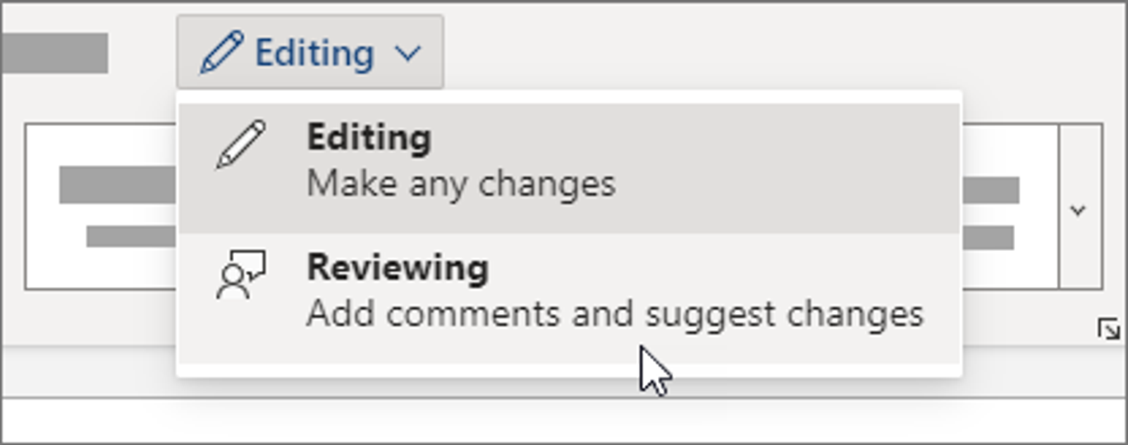 Toggling between editing and reviewing modes to track comments and suggest changes in a content creation workflow.