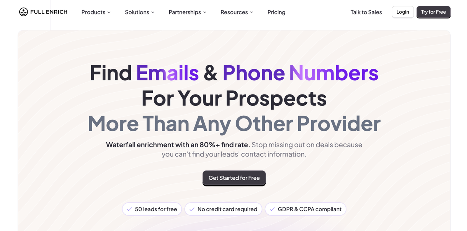 Full Enrich homepage showcasing email lookup features as one of the reliable clay alternatives for sales.
