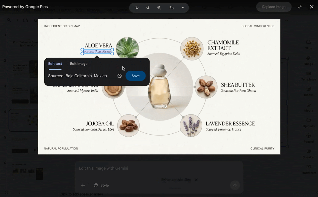 Editing text on an ingredient origin map infographic powered by Google Pics small business features.