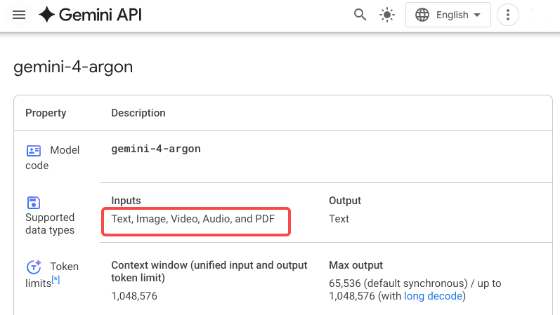Review gemini 4 argon marketing model features supporting multimodal inputs like video audio and PDF.