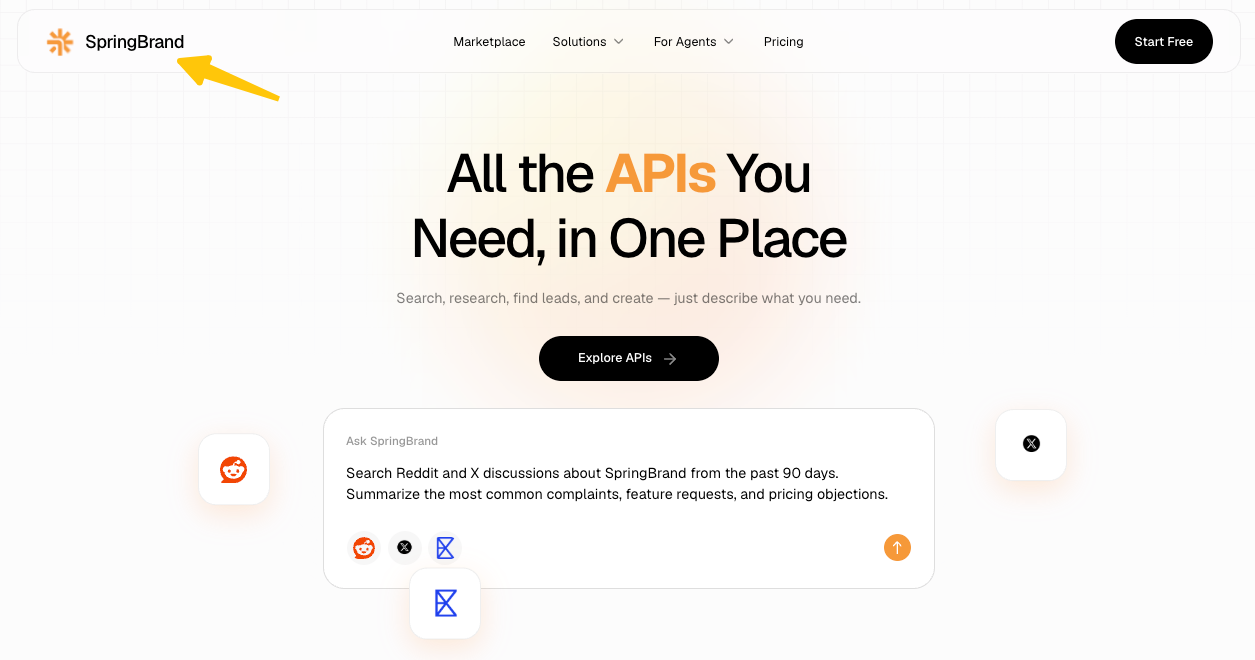 SpringBrand interface showing API integrations for social searches, highlighting external AI agent security considerations.