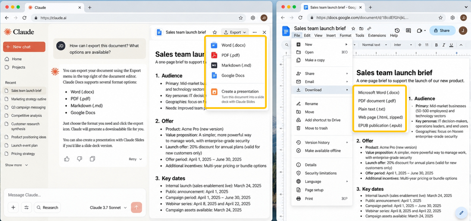Compare the file export formats and downloading options of claude docs vs google docs for sharing team deliverables. 