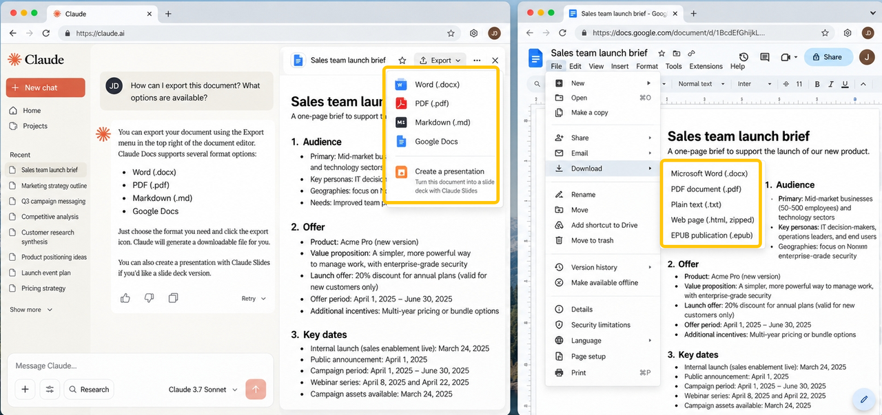 Compare the file export formats and downloading options of claude docs vs google docs for sharing team deliverables.