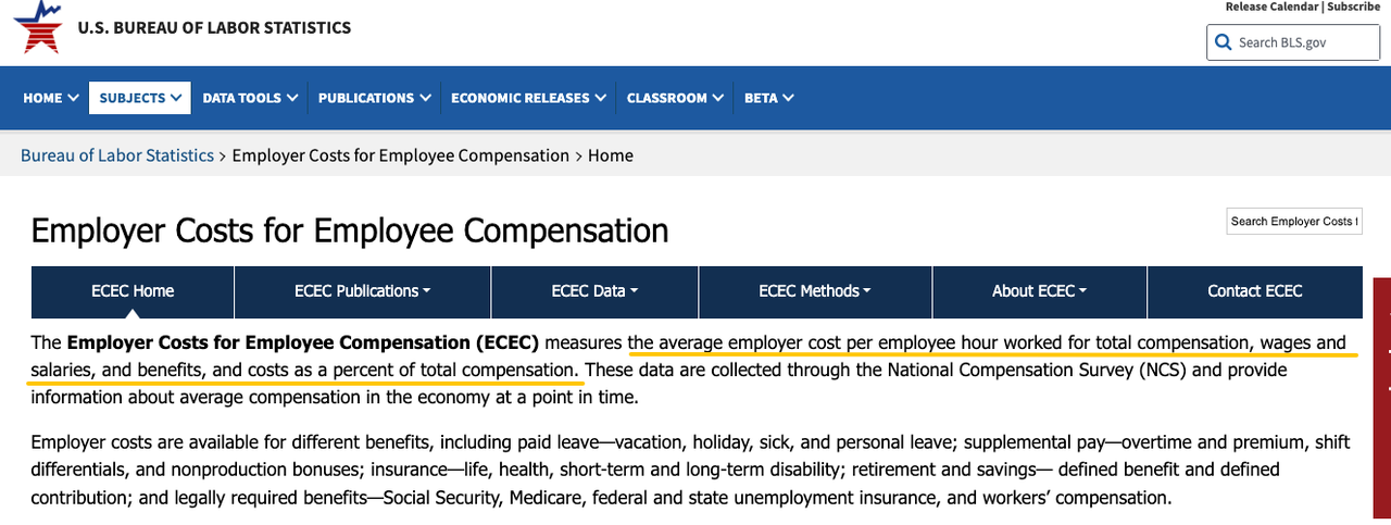 US Bureau of Labor Statistics website page, highlighting employer compensation costs for automation ROI.