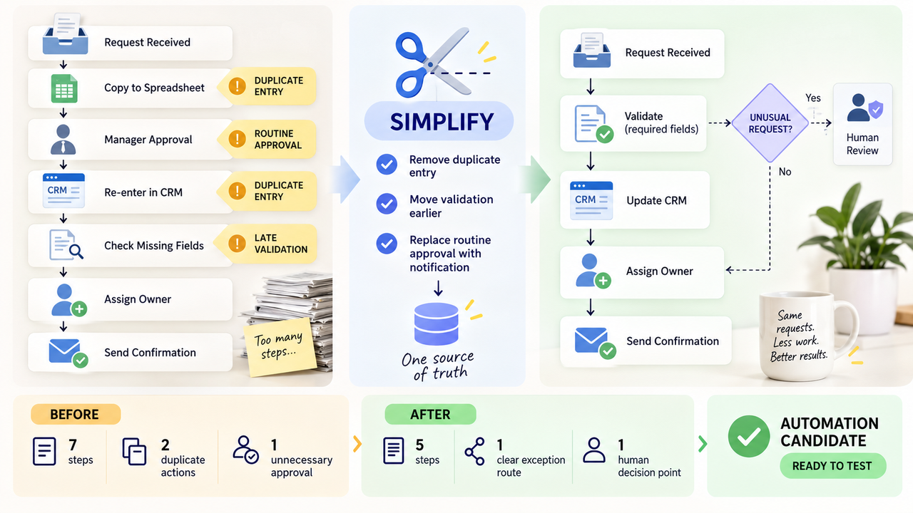 Before and after flowchart illustrating workflow optimization by removing redundant steps to prepare for automation.