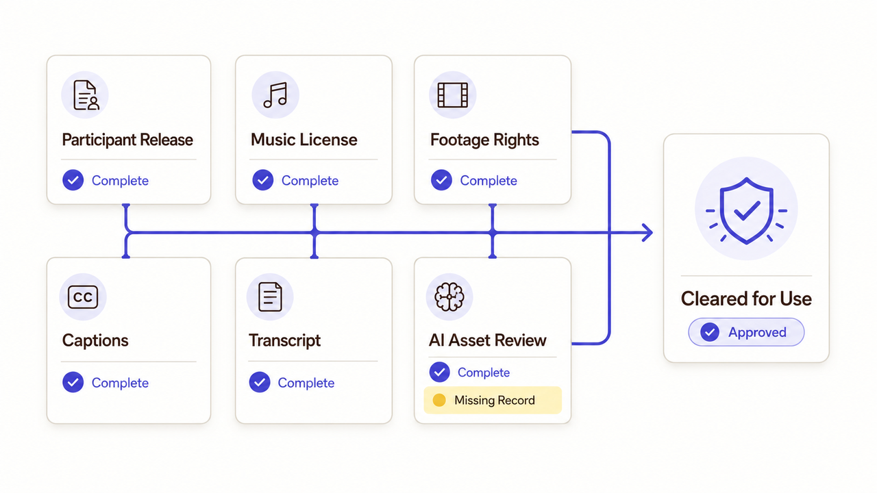 Legal clearance steps for corporate video production, including music licenses, footage rights, and participant releases.