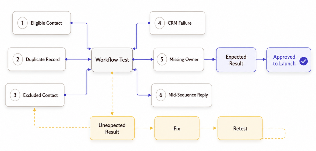 A flowchart demonstrating how to test a marketing automation workflow by evaluating variables to reach an expected result.