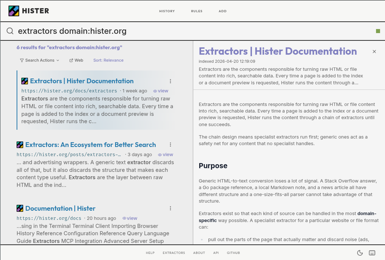 Explore the hister mcp search dashboard displaying extractor documentation and advanced integration.