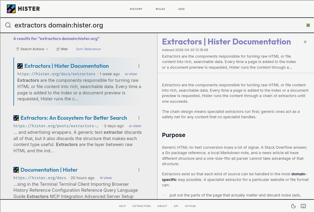 Explore the hister mcp search dashboard displaying extractor documentation and advanced integration.