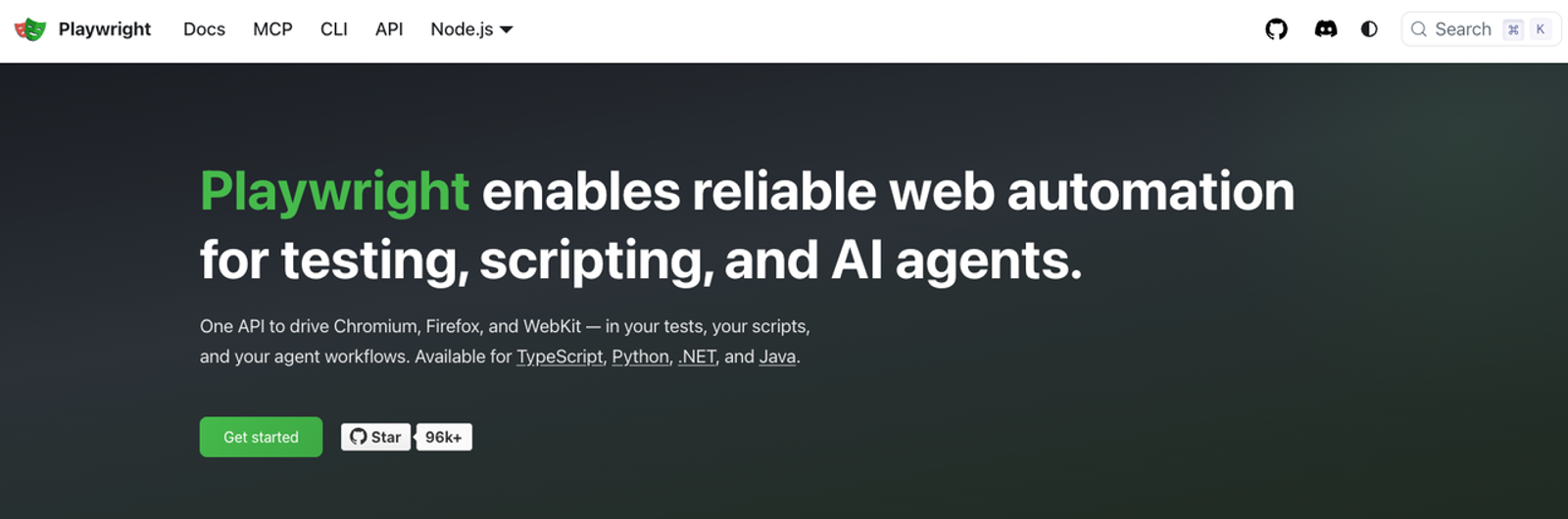 Playwright homepage highlighting web automation and testing solutions for firecrawl alternatives.