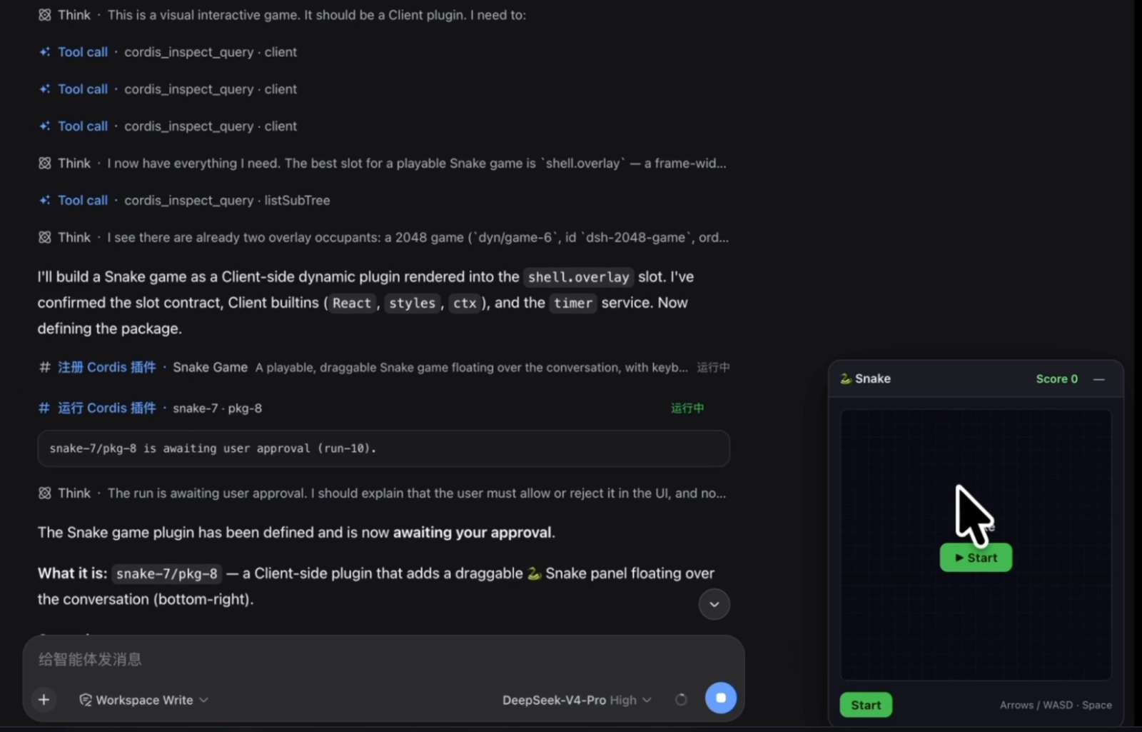 A screenshot of a Snake game plugin, a practical demonstration of how does deepseek harness work for developers.