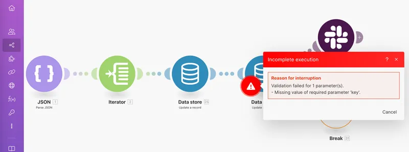 Make.com automation error popup showing parameter validation failure for visual n8n alternatives users.