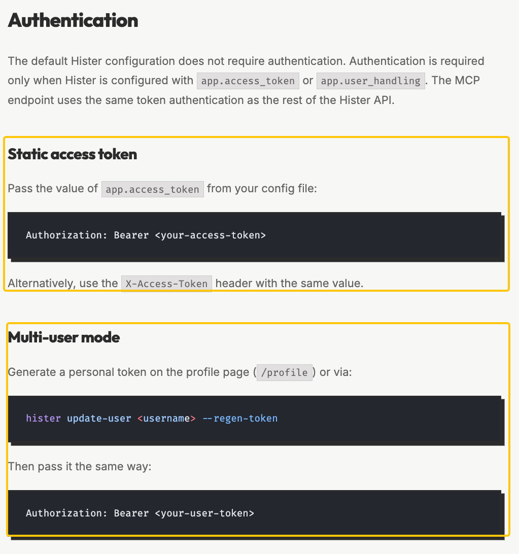 Secure your endpoint by configuring static access tokens or multi-user mode for your hister mcp setup.
