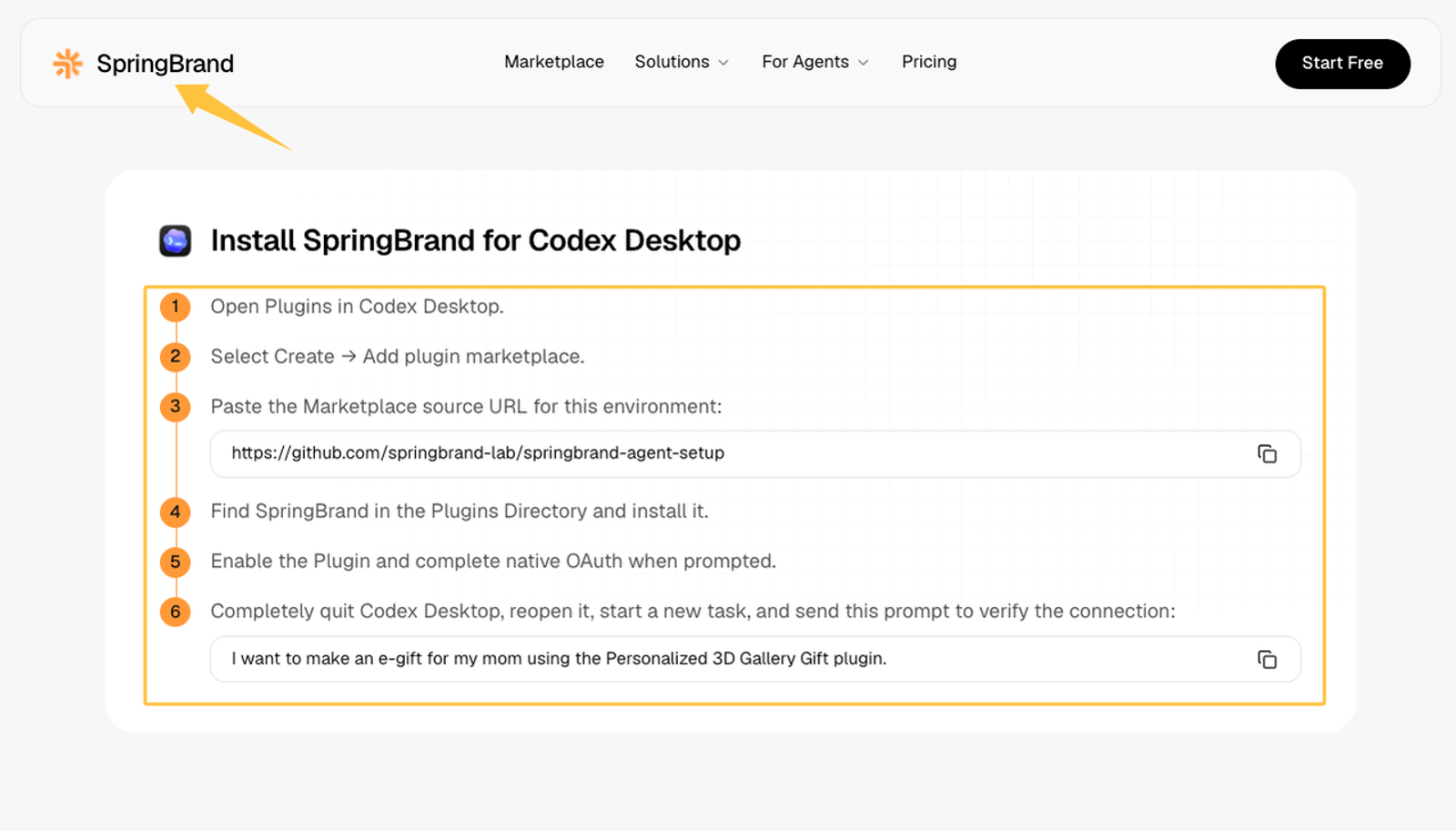 Setting up the SpringBrand plugin on Codex Desktop for personalized e-gifts, a feature for MiMo desktop for marketing.