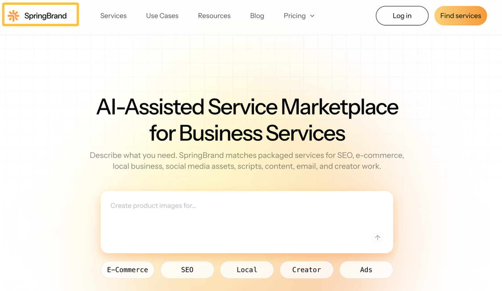 SpringBrand marketplace homepage offering AI-assisted business services to accelerate enterprise AI adoption.