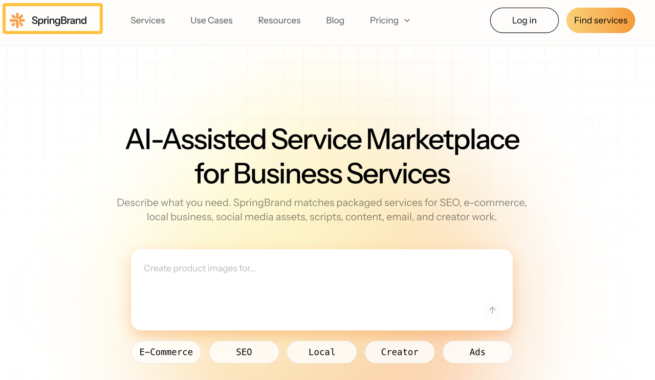 SpringBrand marketplace homepage offering AI-assisted business services to accelerate enterprise AI adoption.