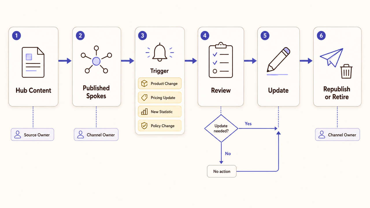 Workflow steps for content marketing hub and spoke model amplification repurposing.