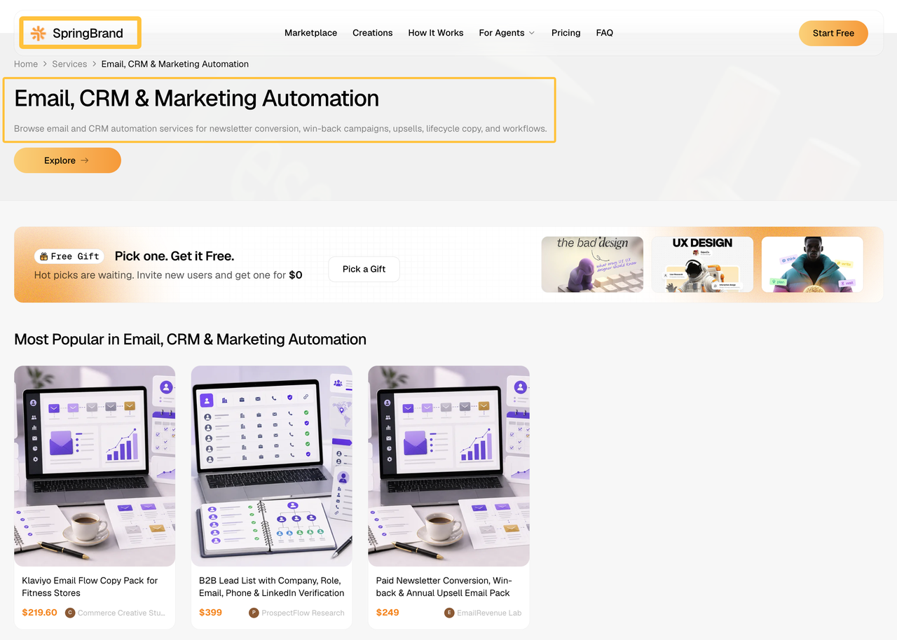 SpringBrand website displaying top email and CRM services for small business marketing automation campaigns.