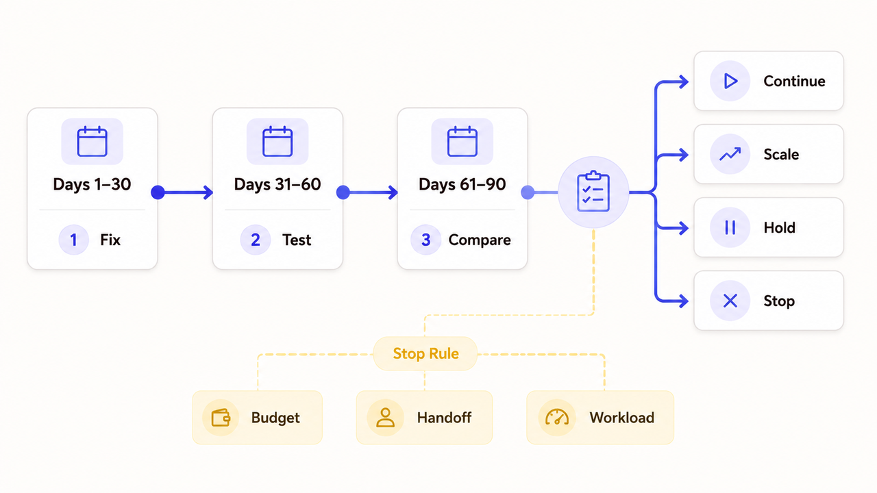 A 90-day testing timeline to evaluate and scale top digital marketing tactics smb effectively.