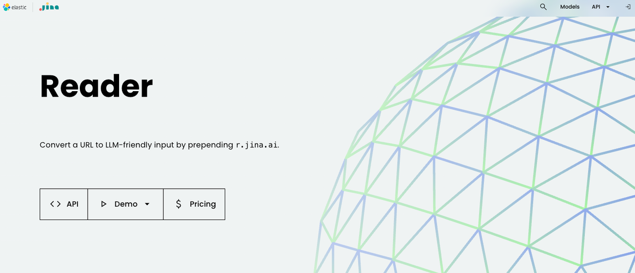 Jina Reader homepage converting URLs to LLM friendly input as one of the best firecrawl alternatives.