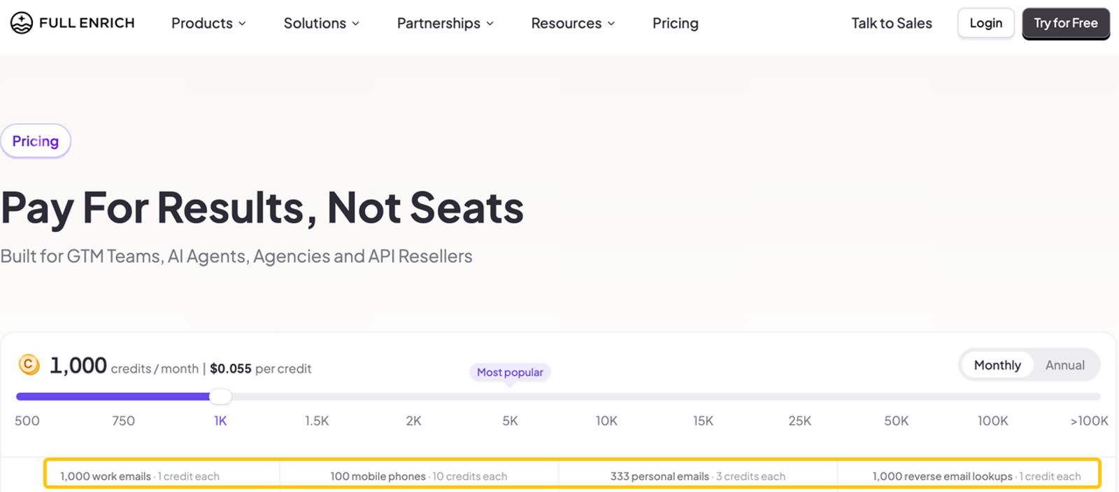 Full Enrich pricing page displaying a pay-for-results slider, a cost-effective option among clay alternatives.