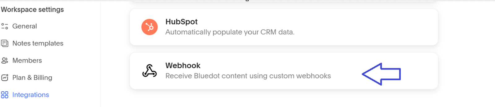 Bluedot AI workspace settings showing integrations menu with HubSpot CRM and custom Webhook options.