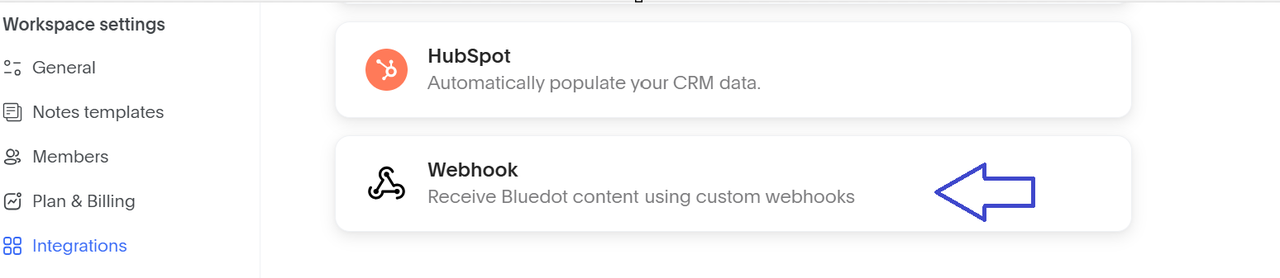 Bluedot AI workspace settings showing integrations menu with HubSpot CRM and custom Webhook options.